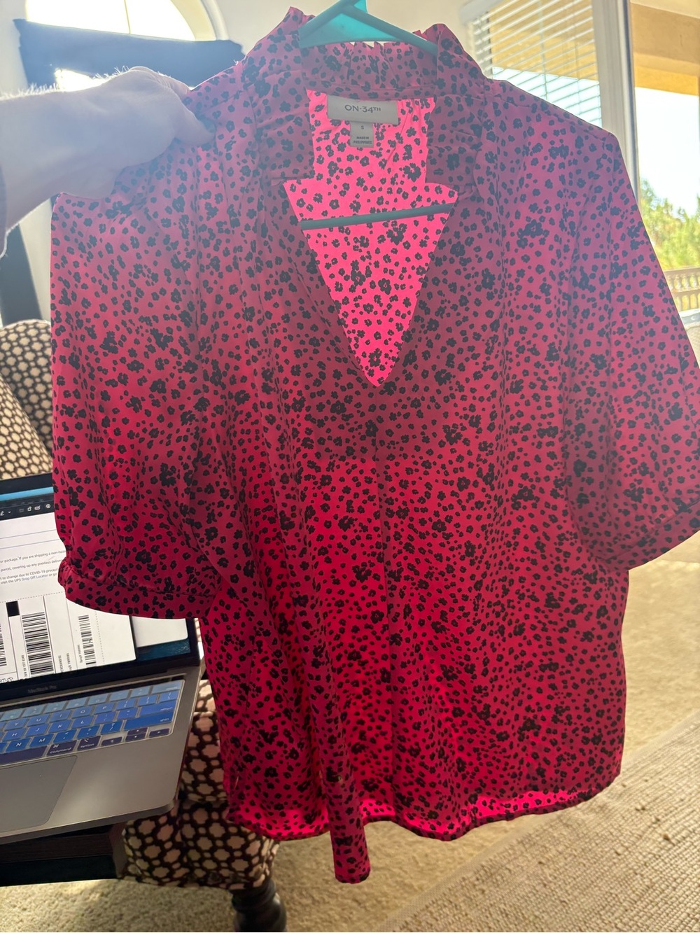 O'Neill Hot Pink and Black Dot Print V-Neck Blouse